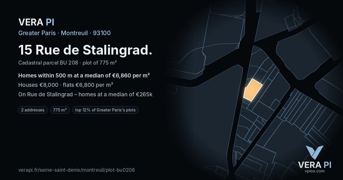 15 Rue de Stalingrad, Montreuil at night – the plot lit, the parcels around coloured by the prices near them