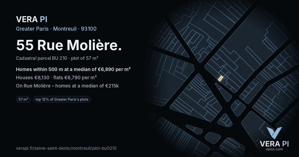 55 Rue Molière, Montreuil at night – the plot lit, the parcels around coloured by the prices near them