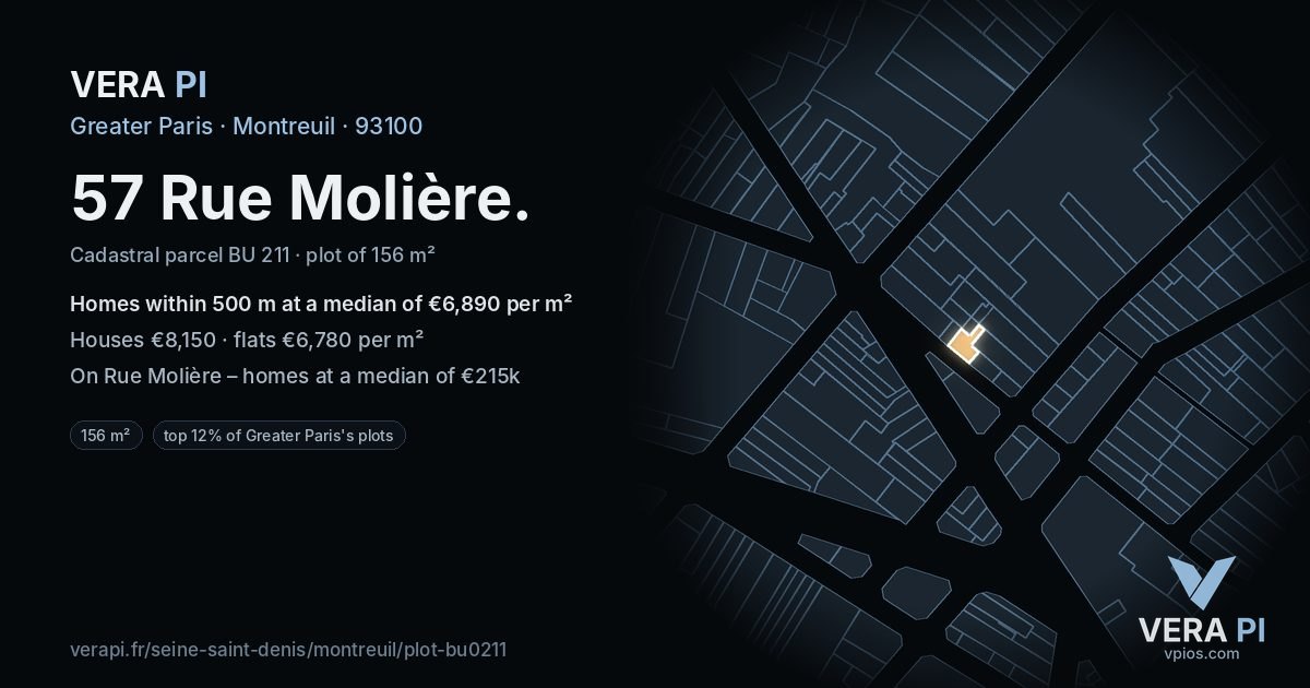 57 Rue Molière, Montreuil at night – the plot lit, the parcels around coloured by the prices near them