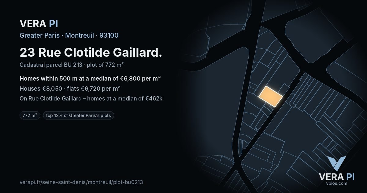 23 Rue Clotilde Gaillard, Montreuil at night – the plot lit, the parcels around coloured by the prices near them