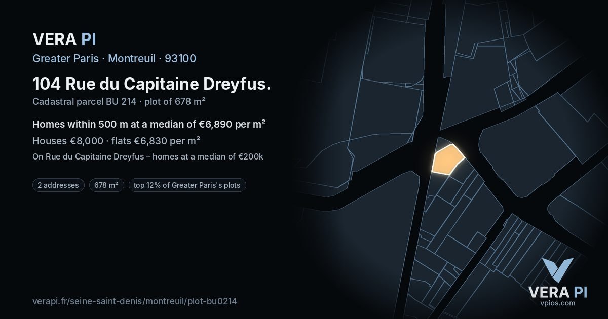 104 Rue du Capitaine Dreyfus, Montreuil at night – the plot lit, the parcels around coloured by the prices near them