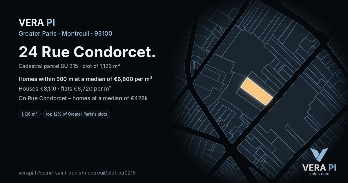 24 Rue Condorcet, Montreuil at night – the plot lit, the parcels around coloured by the prices near them