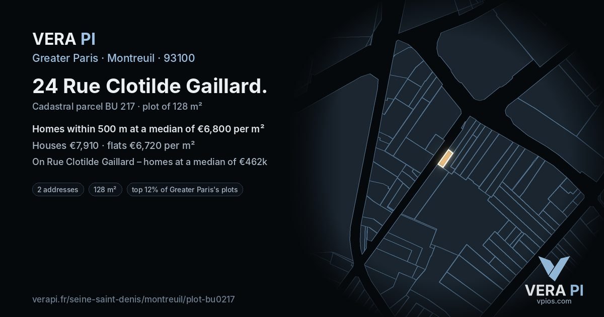 24 Rue Clotilde Gaillard, Montreuil at night – the plot lit, the parcels around coloured by the prices near them