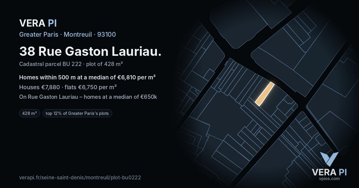 38 Rue Gaston Lauriau, Montreuil at night – the plot lit, the parcels around coloured by the prices near them