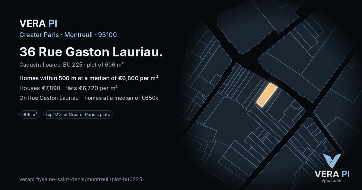 36 Rue Gaston Lauriau, Montreuil at night – the plot lit, the parcels around coloured by the prices near them