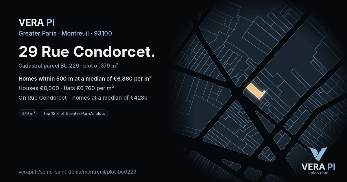 29 Rue Condorcet, Montreuil at night – the plot lit, the parcels around coloured by the prices near them
