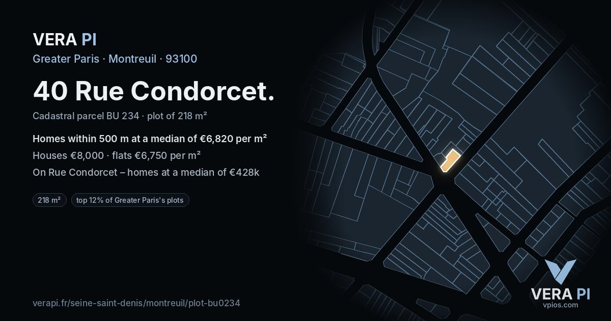 40 Rue Condorcet, Montreuil at night – the plot lit, the parcels around coloured by the prices near them