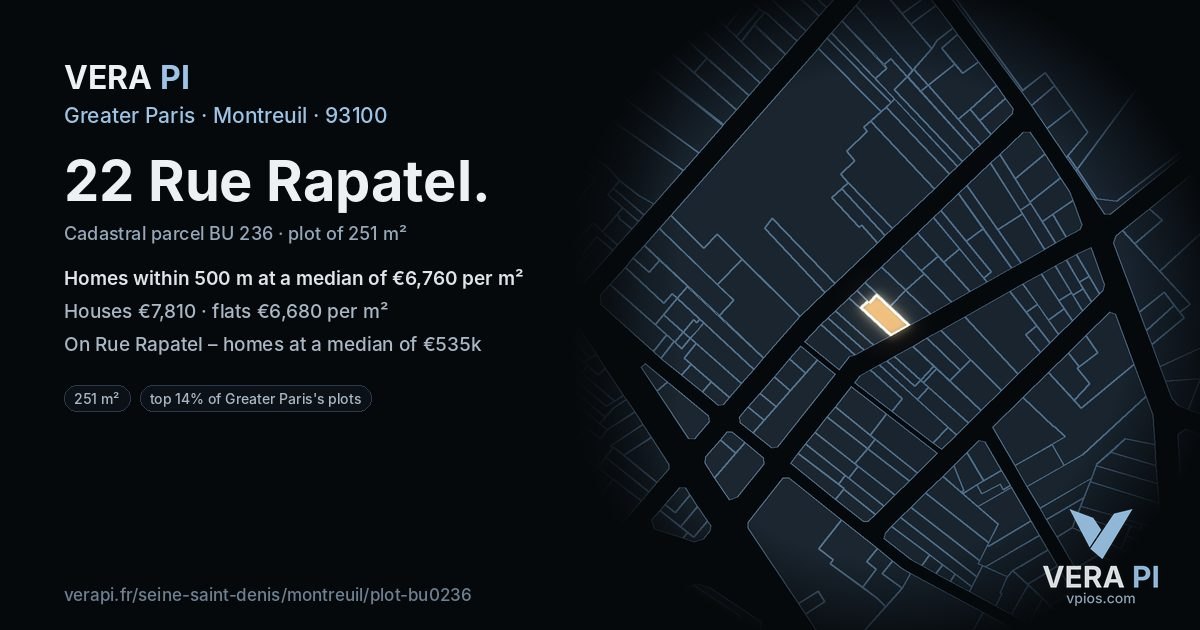 22 Rue Rapatel, Montreuil at night – the plot lit, the parcels around coloured by the prices near them