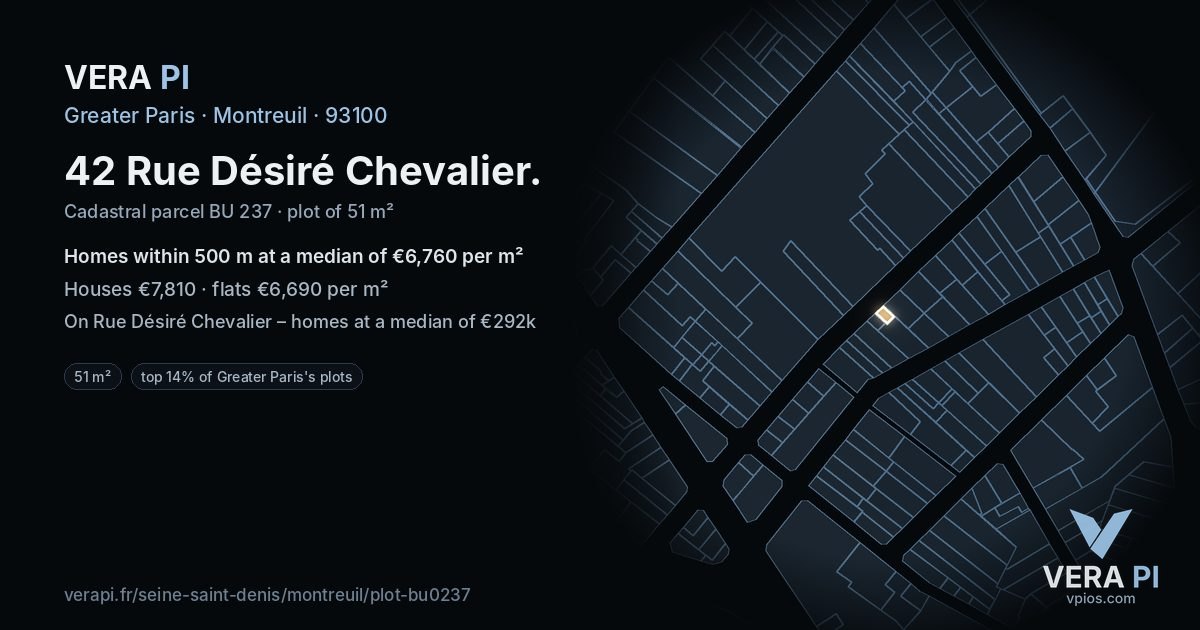 42 Rue Désiré Chevalier, Montreuil at night – the plot lit, the parcels around coloured by the prices near them