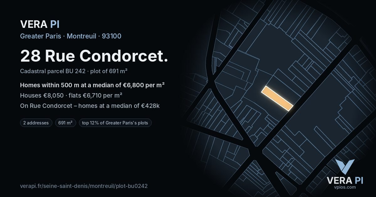 28 Rue Condorcet, Montreuil at night – the plot lit, the parcels around coloured by the prices near them