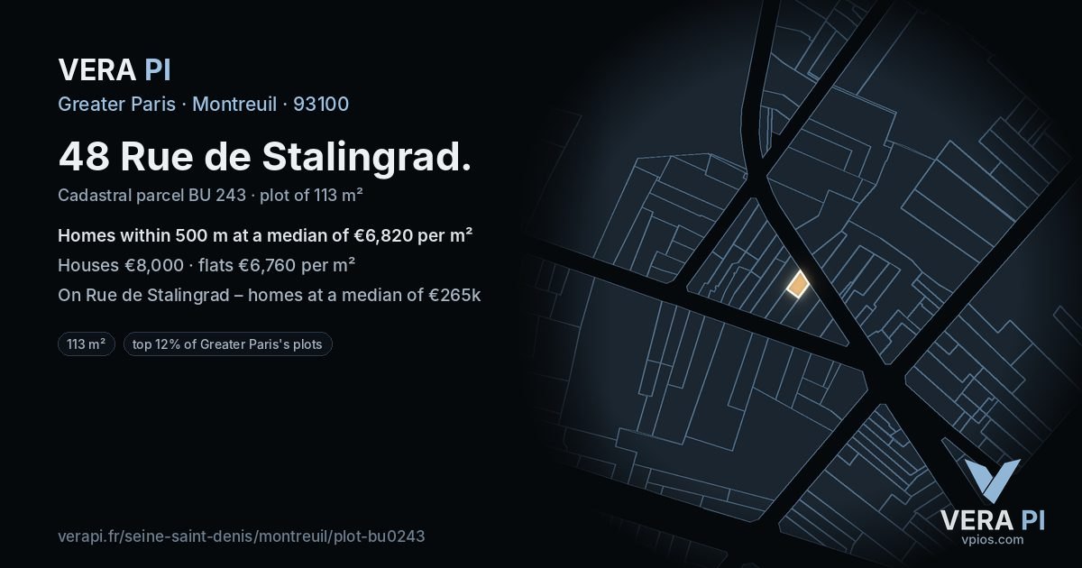 48 Rue de Stalingrad, Montreuil at night – the plot lit, the parcels around coloured by the prices near them
