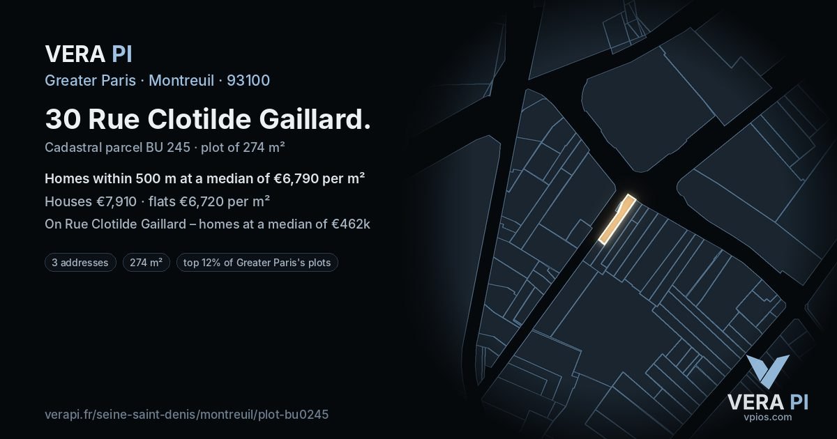 30 Rue Clotilde Gaillard, Montreuil at night – the plot lit, the parcels around coloured by the prices near them