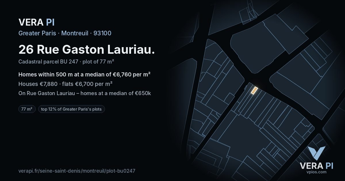 26 Rue Gaston Lauriau, Montreuil at night – the plot lit, the parcels around coloured by the prices near them