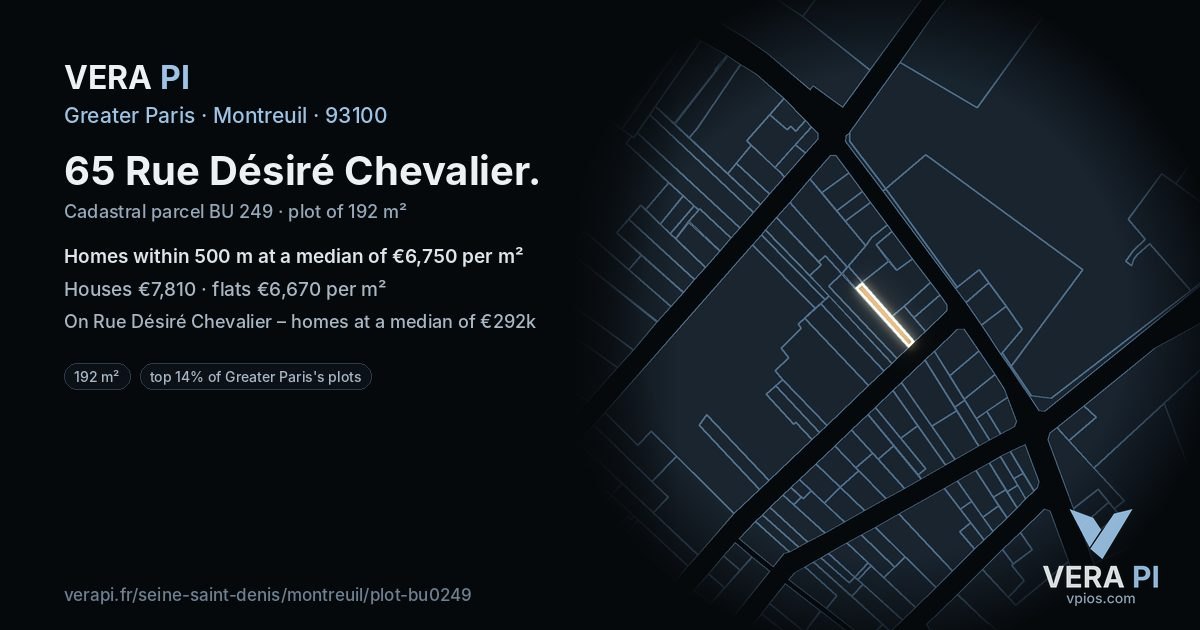 65 Rue Désiré Chevalier, Montreuil at night – the plot lit, the parcels around coloured by the prices near them