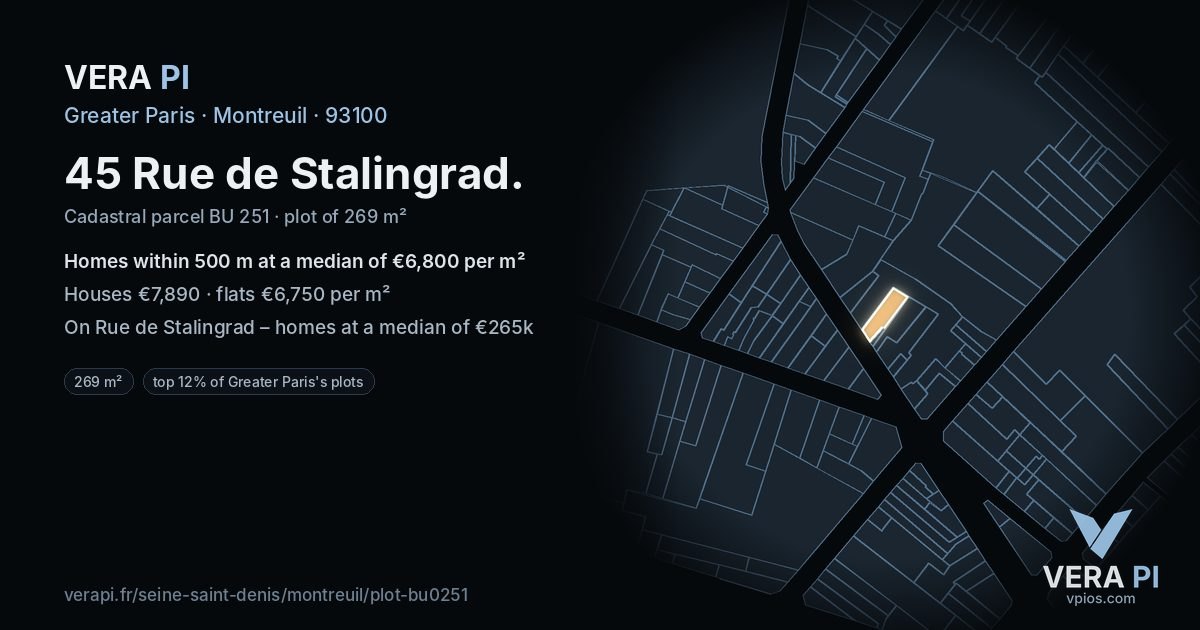 45 Rue de Stalingrad, Montreuil at night – the plot lit, the parcels around coloured by the prices near them