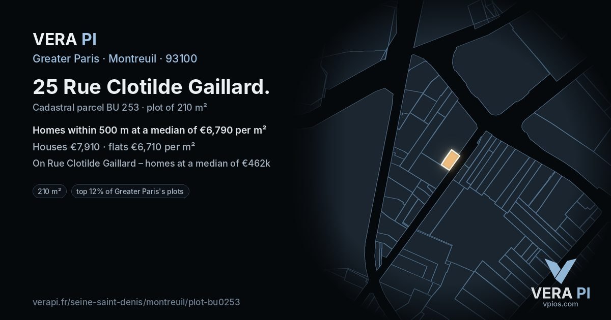 25 Rue Clotilde Gaillard, Montreuil at night – the plot lit, the parcels around coloured by the prices near them