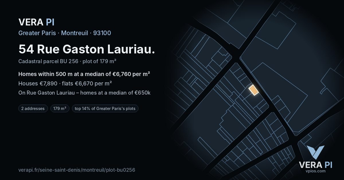 54 Rue Gaston Lauriau, Montreuil at night – the plot lit, the parcels around coloured by the prices near them