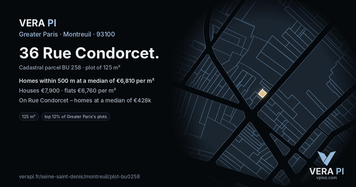36 Rue Condorcet, Montreuil at night – the plot lit, the parcels around coloured by the prices near them