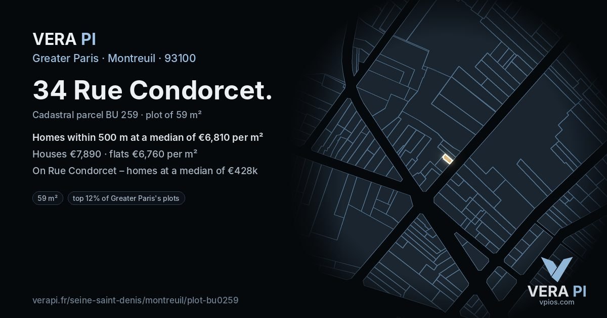 34 Rue Condorcet, Montreuil at night – the plot lit, the parcels around coloured by the prices near them