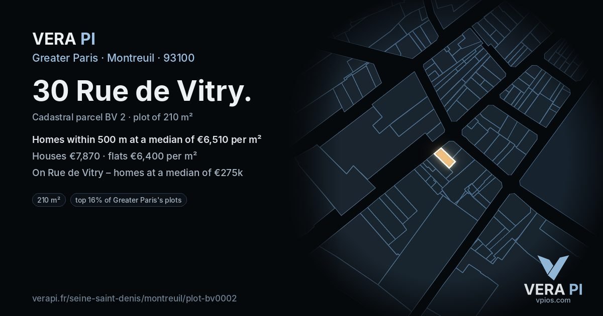30 Rue de Vitry, Montreuil at night – the plot lit, the parcels around coloured by the prices near them