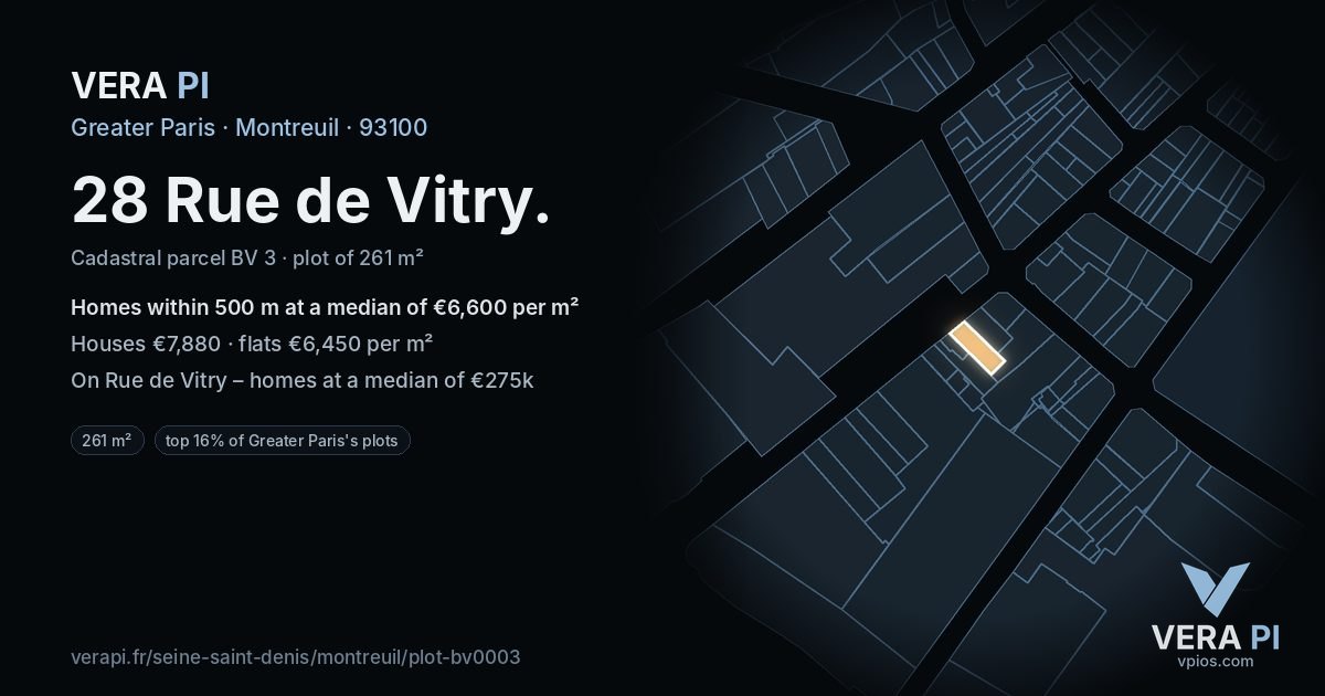 28 Rue de Vitry, Montreuil at night – the plot lit, the parcels around coloured by the prices near them