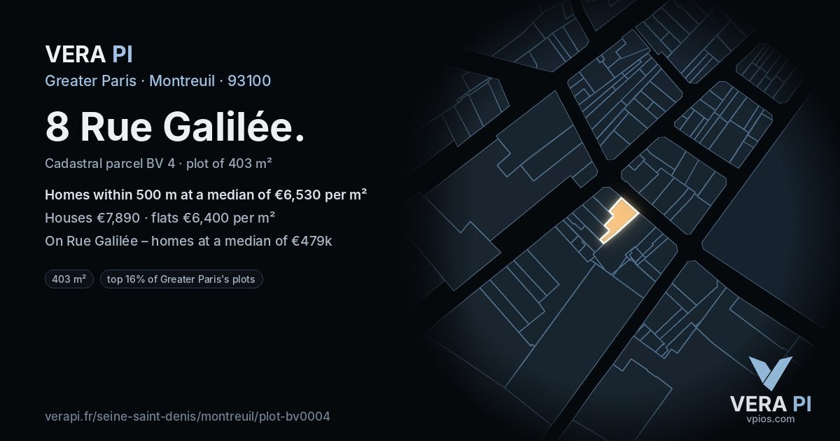 8 Rue Galilée, Montreuil at night – the plot lit, the parcels around coloured by the prices near them
