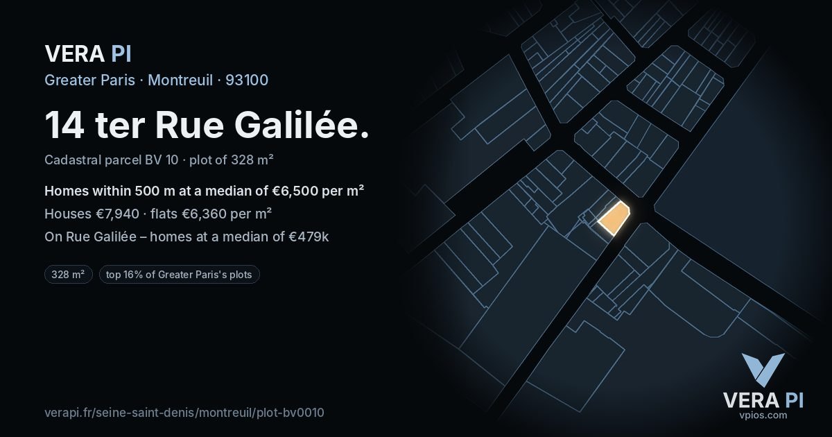 14 ter Rue Galilée, Montreuil at night – the plot lit, the parcels around coloured by the prices near them