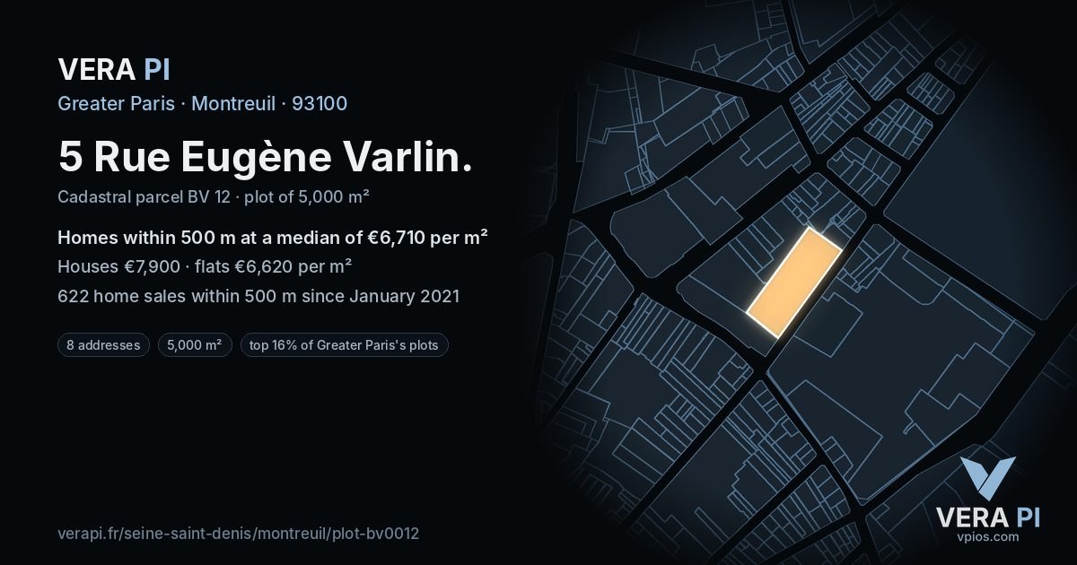 5 Rue Eugène Varlin, Montreuil at night – the plot lit, the parcels around coloured by the prices near them