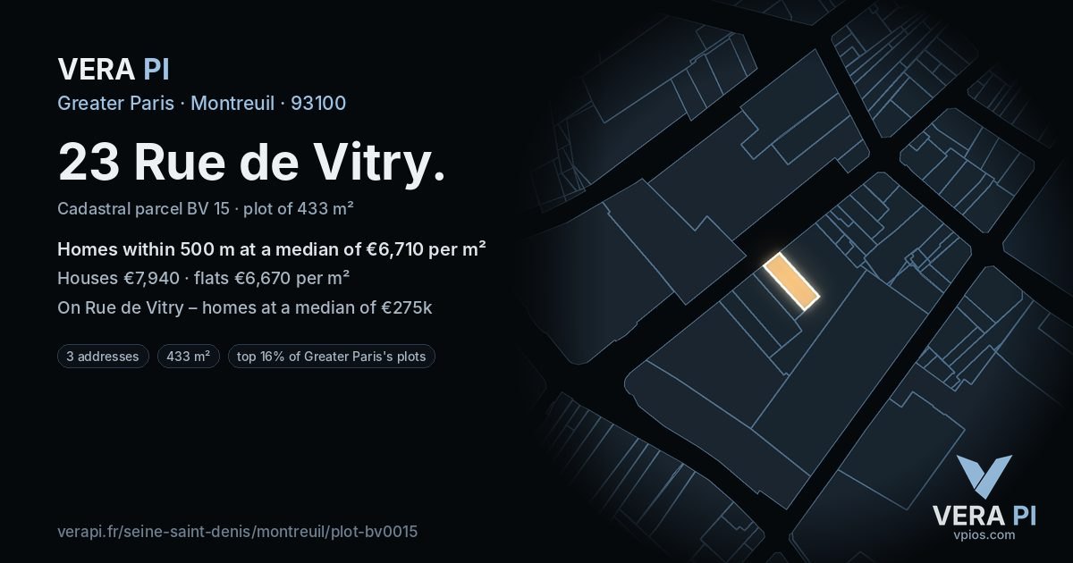 23 Rue de Vitry, Montreuil at night – the plot lit, the parcels around coloured by the prices near them
