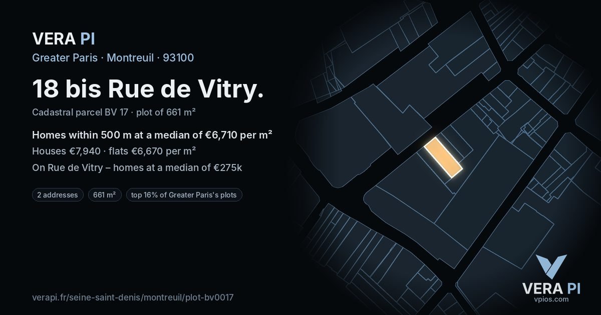 18 bis Rue de Vitry, Montreuil at night – the plot lit, the parcels around coloured by the prices near them