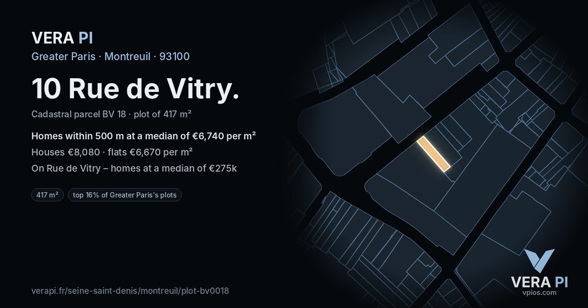 10 Rue de Vitry, Montreuil at night – the plot lit, the parcels around coloured by the prices near them