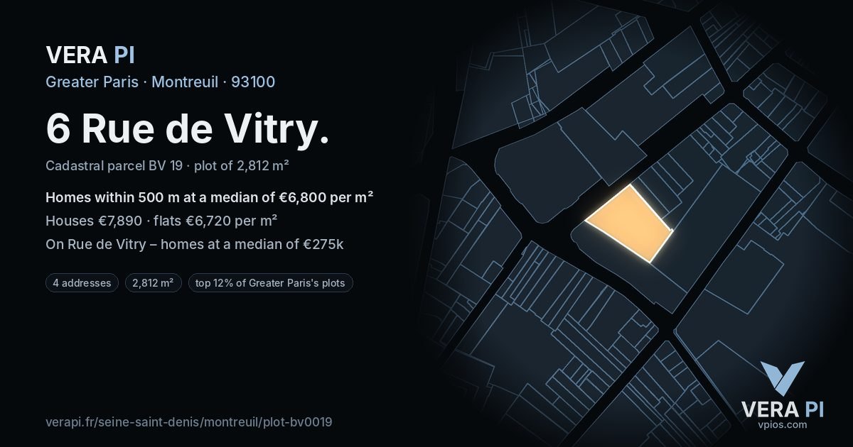 6 Rue de Vitry, Montreuil at night – the plot lit, the parcels around coloured by the prices near them