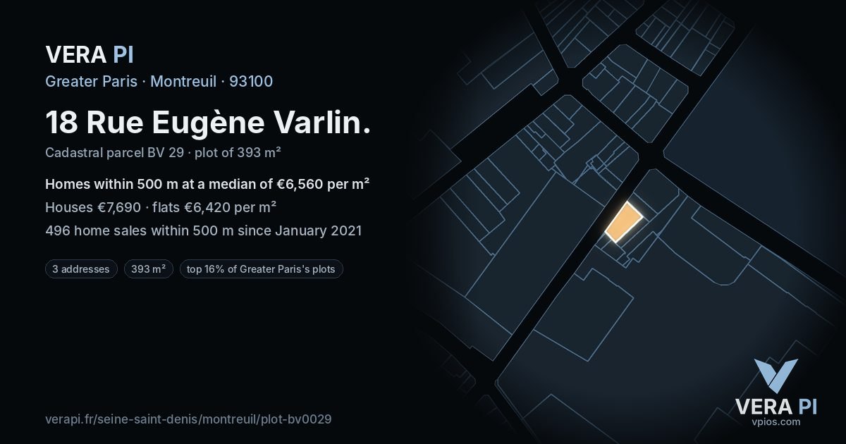 18 Rue Eugène Varlin, Montreuil at night – the plot lit, the parcels around coloured by the prices near them