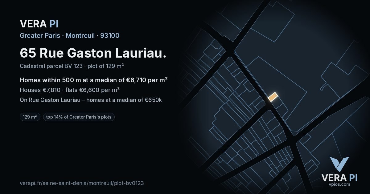 65 Rue Gaston Lauriau, Montreuil at night – the plot lit, the parcels around coloured by the prices near them