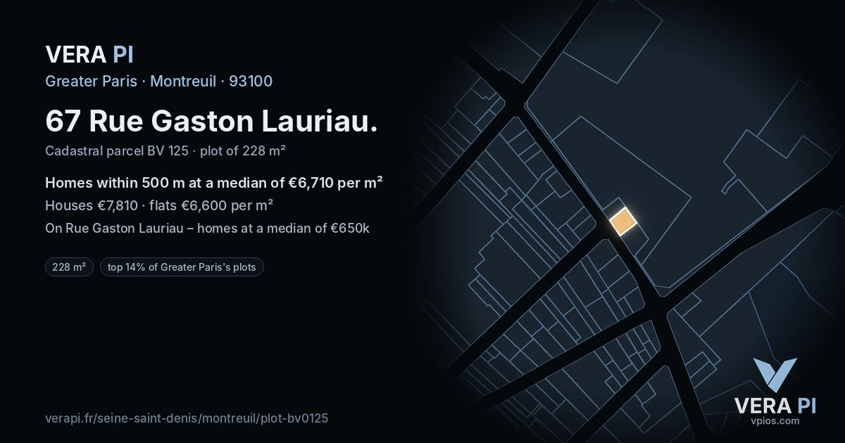 67 Rue Gaston Lauriau, Montreuil at night – the plot lit, the parcels around coloured by the prices near them