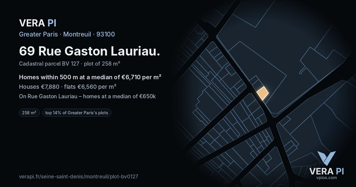 69 Rue Gaston Lauriau, Montreuil at night – the plot lit, the parcels around coloured by the prices near them