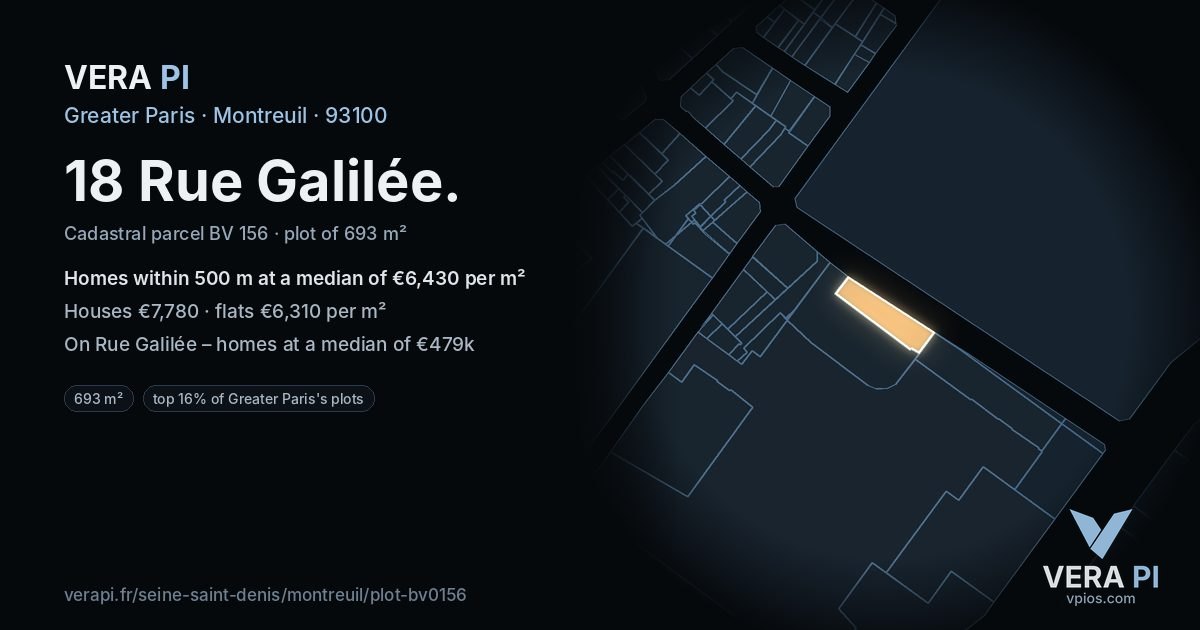 18 Rue Galilée, Montreuil at night – the plot lit, the parcels around coloured by the prices near them