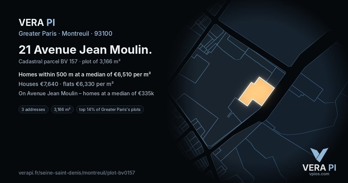 21 Avenue Jean Moulin, Montreuil at night – the plot lit, the parcels around coloured by the prices near them