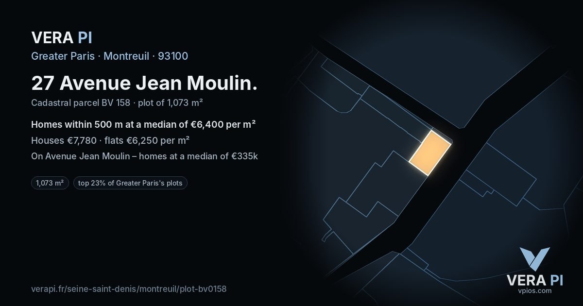 27 Avenue Jean Moulin, Montreuil at night – the plot lit, the parcels around coloured by the prices near them