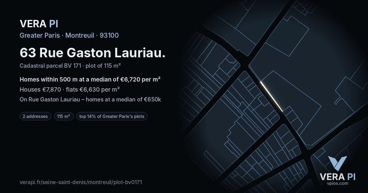 63 Rue Gaston Lauriau, Montreuil at night – the plot lit, the parcels around coloured by the prices near them