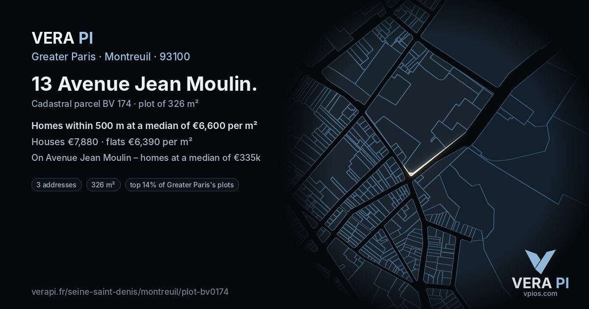 13 Avenue Jean Moulin, Montreuil at night – the plot lit, the parcels around coloured by the prices near them