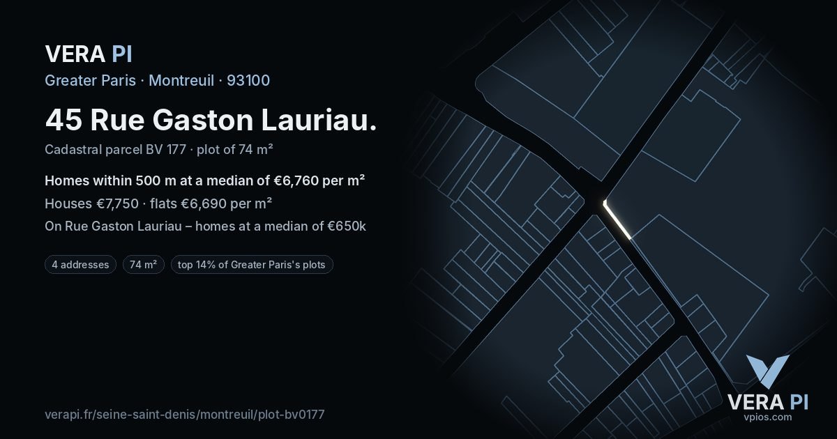 45 Rue Gaston Lauriau, Montreuil at night – the plot lit, the parcels around coloured by the prices near them