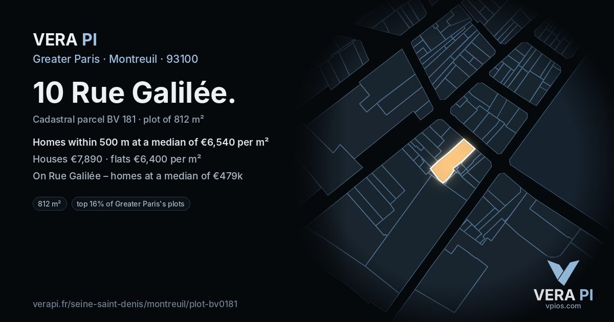 10 Rue Galilée, Montreuil at night – the plot lit, the parcels around coloured by the prices near them