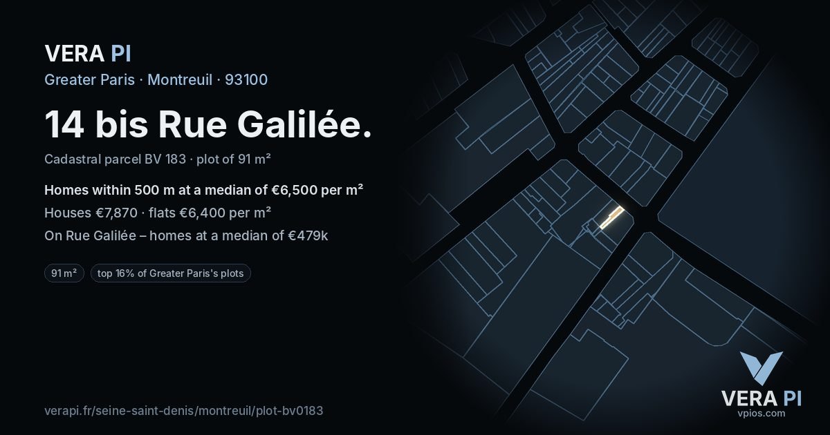 14 bis Rue Galilée, Montreuil at night – the plot lit, the parcels around coloured by the prices near them