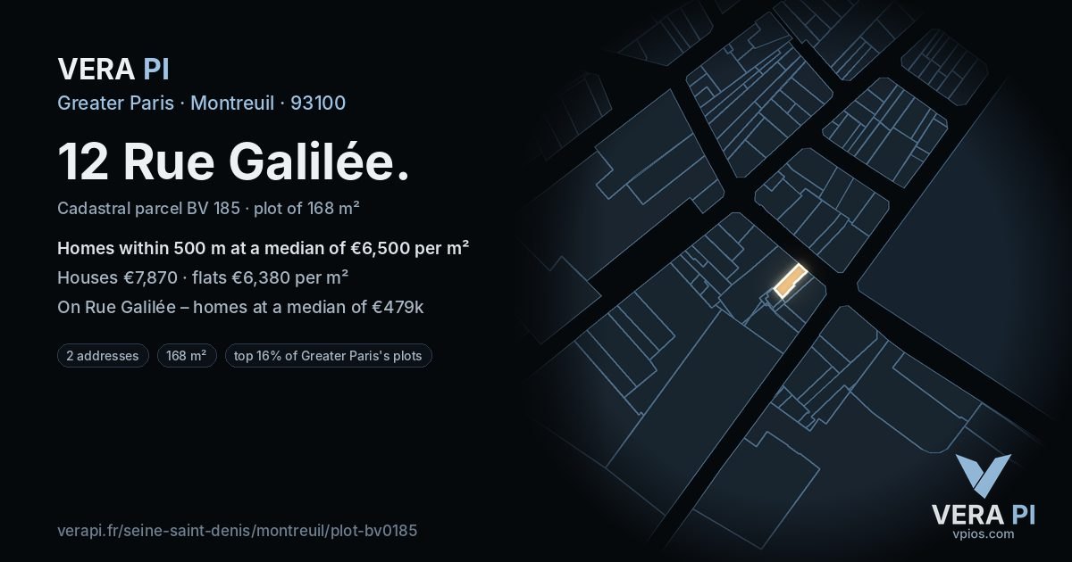 12 Rue Galilée, Montreuil at night – the plot lit, the parcels around coloured by the prices near them