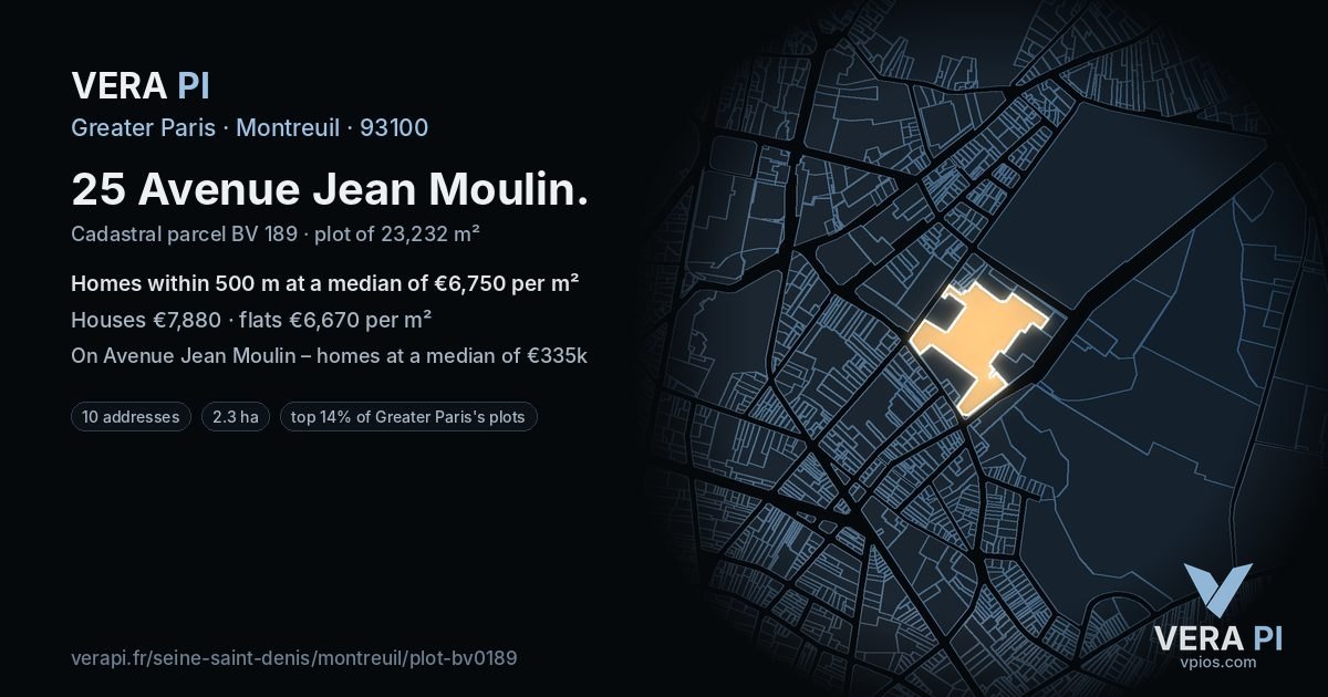 25 Avenue Jean Moulin, Montreuil at night – the plot lit, the parcels around coloured by the prices near them