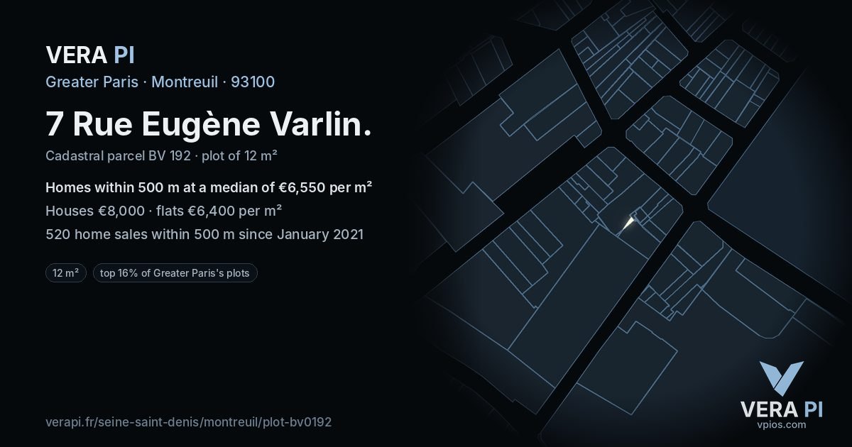 7 Rue Eugène Varlin, Montreuil at night – the plot lit, the parcels around coloured by the prices near them
