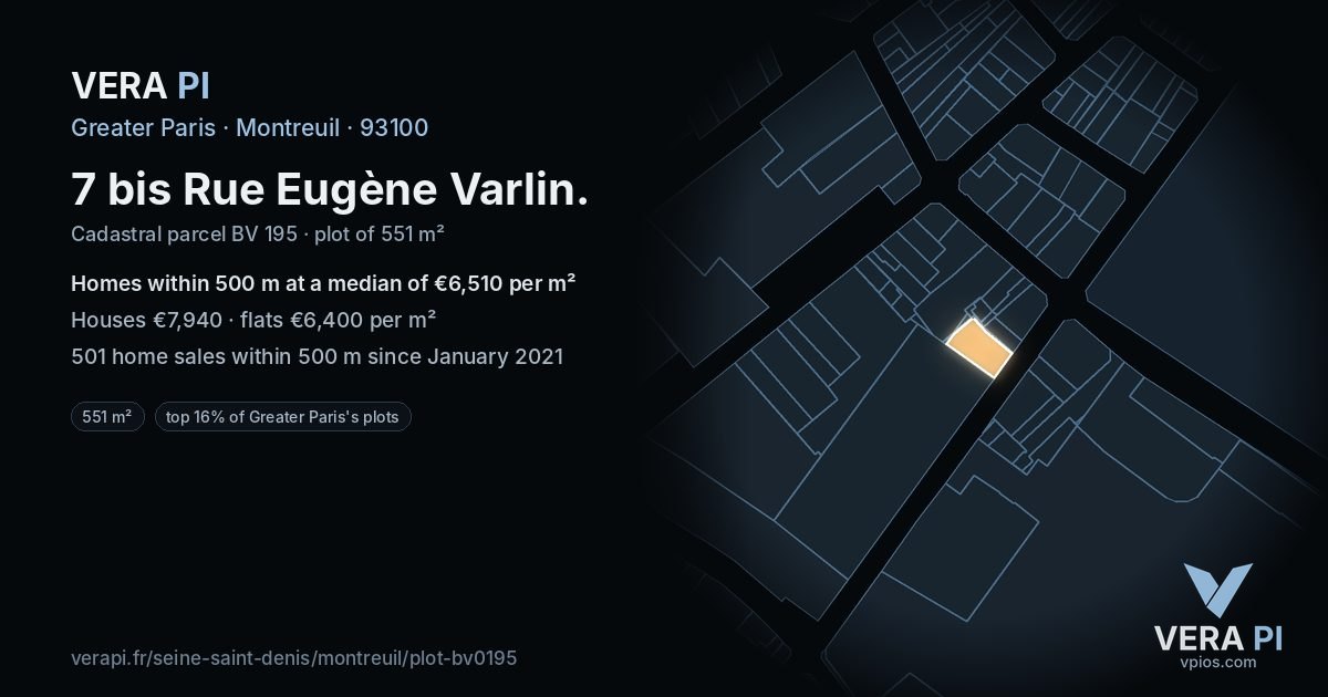 7 bis Rue Eugène Varlin, Montreuil at night – the plot lit, the parcels around coloured by the prices near them