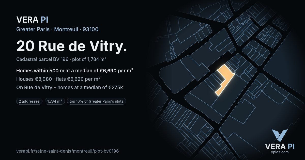 20 Rue de Vitry, Montreuil at night – the plot lit, the parcels around coloured by the prices near them