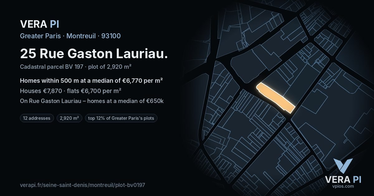 25 Rue Gaston Lauriau, Montreuil at night – the plot lit, the parcels around coloured by the prices near them